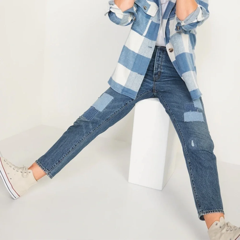 Higher High-Waisted Button-fly O.G. Straight Patchwork Jeans